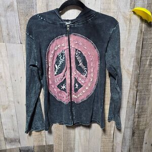 Jayli Black Acid Wash Peace Sign Embroidered Hippie Indie Hoodie Jacket